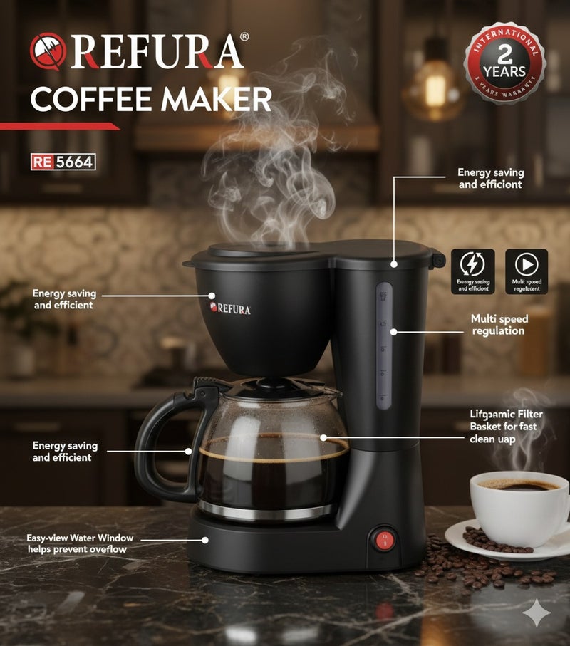 Drip Coffee Maker | 1.20L | 830W High Power | Glass Carafe with Anti-Drip & Auto Shut-Off Feature | RE-5664